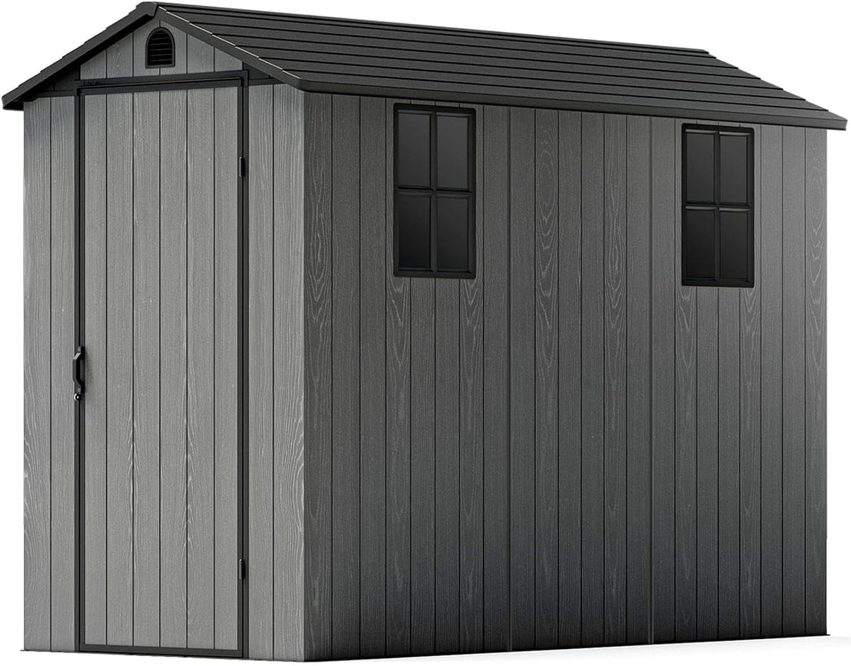 4X8 FT Plastic Outdoor Storage Shed with Floor, Resin outside Shed with Windows and Lockable Door for Backyard Garden Patio Lawn, Easy Installation, Gray (Fit-It Shed)