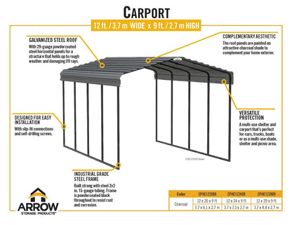 Arrow Carport, 12 ft. x 29 ft. x 9ft. Charcoal 12′ x 29′ x 9′