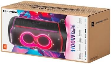 JBL Partybox Ultimate – Multi Purpose Party Speaker, with Wi-fi & Bluetooth Connectivity, Wireless, Lightshow, IPx4 Slashproof, Dual Mic & Guitar Inputs, Handle & Sturdy Wheels, Black