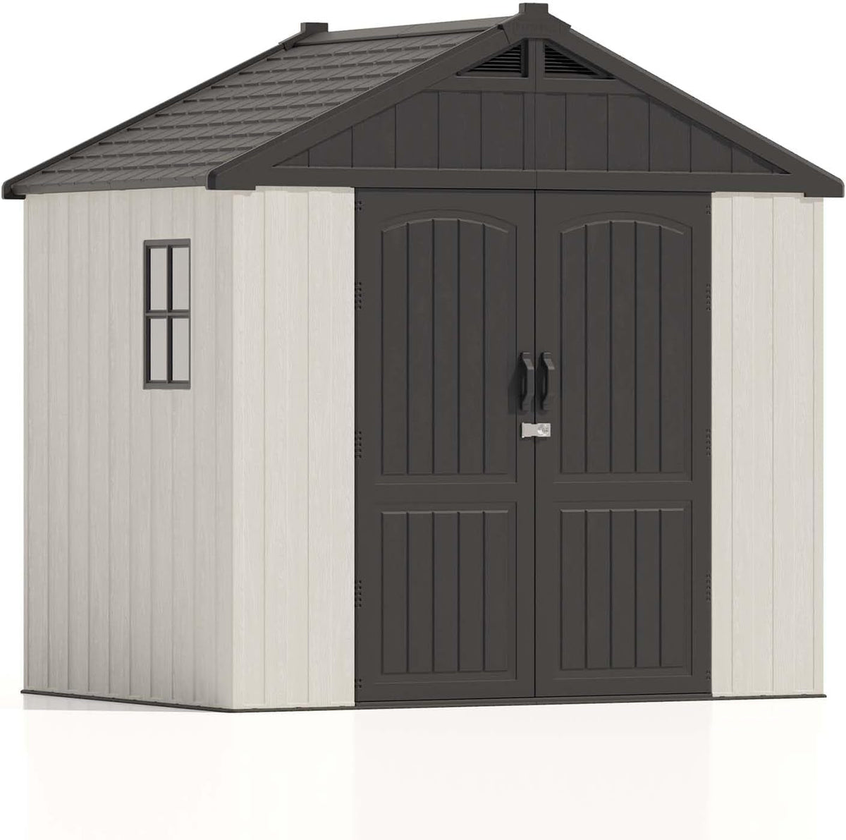 8' X 6' Plastic Outdoor Storage Shed with Floor, Resin Shed with Window and Lockable Door for Garden, Backyard, Tool Storage Use, Easy to Install in Gray and White (Kick-It Shed)